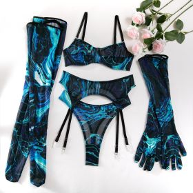 Women's Mesh Printed Underwear Garter Leggings Gloves (Option: Blue Black-L)