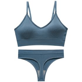 Women's Fashion Simple Wireless Spaghetti Strap Bra Shorts Suit (Option: blue-L)