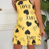 Plus Size Heart Print Ruffle Hem Cami Nightdress; Women's Plus Slight Stretch Sleepwear; Loungewear