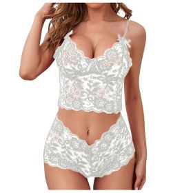 Sexy Women Lingerie Set Thin Lace Flower Printed Underwear Suit Female Adjustable Shoulder Strap Triangle Cup Bralettle (Color: white set, Cup Size: S)