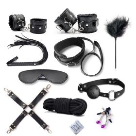 SM Bondage Restraint Set Sex Handcuffs Whip Anal Beads Butt Plug Anal Plug Bullet Vibrator Sex Toys for Woman Adult S&M Fetish (Color: PU-black-10pcs)