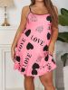 Plus Size Heart Print Ruffle Hem Cami Nightdress; Women's Plus Slight Stretch Sleepwear; Loungewear