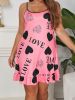 Plus Size Heart Print Ruffle Hem Cami Nightdress; Women's Plus Slight Stretch Sleepwear; Loungewear