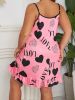 Plus Size Heart Print Ruffle Hem Cami Nightdress; Women's Plus Slight Stretch Sleepwear; Loungewear