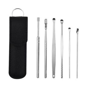 Stainless Steel 6-piece Set Earpick 360 Degree Spiral Cleaning Earwax Tool (Option: 6 Piece Set Black Leather 22g)