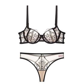 Lace Embroidered Thin Cup Push Up Comfort Bra Underwear Set (Option: Black-70B)