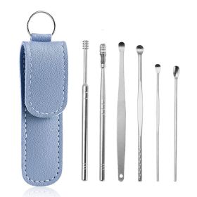 Stainless Steel 6-piece Set Earpick 360 Degree Spiral Cleaning Earwax Tool (Option: 6 Pcs Blue Leather 22g)